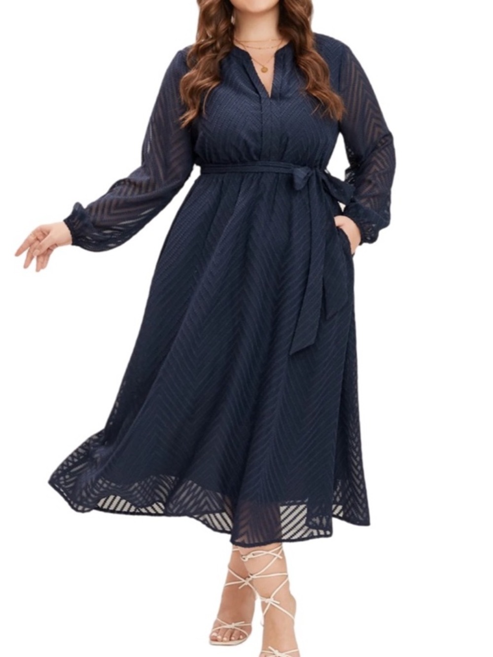 BloomChic Navy Long Sleeve Midi Dress with Tie Waist - Picture 3 of 3
